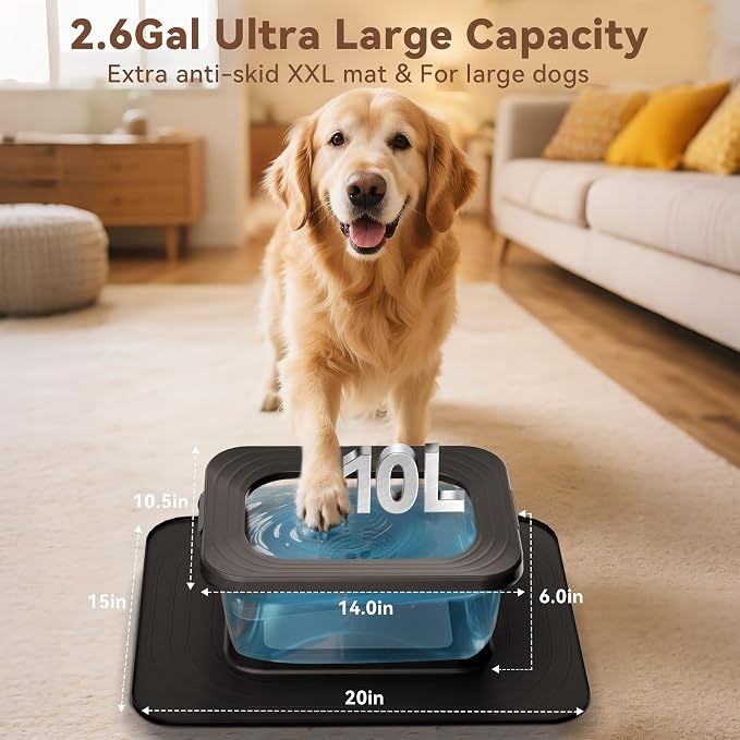 10L No Spill Dog Water Bowl Stainless Steel for Messy Drinkers | Large Capacity Slobber Stopper, Slow Drinking Anti Splash Design, XXL Silicone Mat, For Large Dogs & Multi-pet Homes, Black