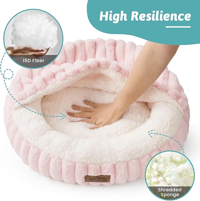 Cat Bed with Hooded Blanket, Round Fluffy Anti-Anxiety Pet Bed for Cats/Toy Breed Dogs, Cozy Donut Cuddler with Machine Washable Faux Fur & Anti-Slip Bottom(20"×20"×6",Pink)