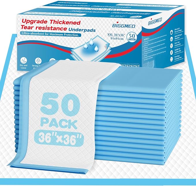 BIGGMED Tear-Resistant Disposable Bed Pads 36" x 36" 50 Count Super Absorbent Underpads, 3XL Extra Large Chux Pads, Thicker Incontinence Bed Pads for Adults, Kids, Elderly, Pee Pads