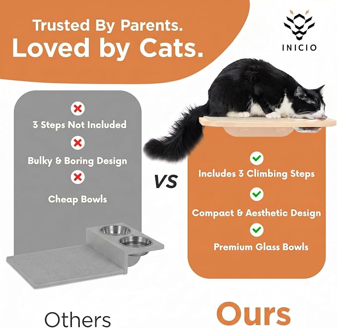 INICIO Cat Shelves - Feeding Shelf with 3 Cat Wall Steps - Natural Wood | Cat Wall Shelves with Wall Mounted Cat Food Bowls - Dog Proof Feeding Station and Convenient Feeder for Cats up to 15lbs