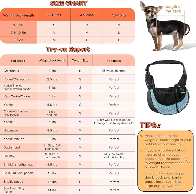 YUDODO Pet Sling Carrier for 5-9 lbs Small Dogs Cat Puppy Crossbody Carrier | Bottom support, Safety Hook, Large Zipper Pocket, Soft Breathable Mesh, Adjustable Strap, Reflective Strip, Cyan, M