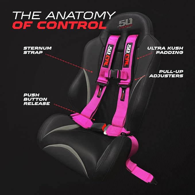 1pc 50 Cal Pink 4 Point Harness 3in Straps, Racing Harness Seat Belt | Ultra Kush padding, Push Button quick release hardware. Universal Fit for UTV, RZR, race car.