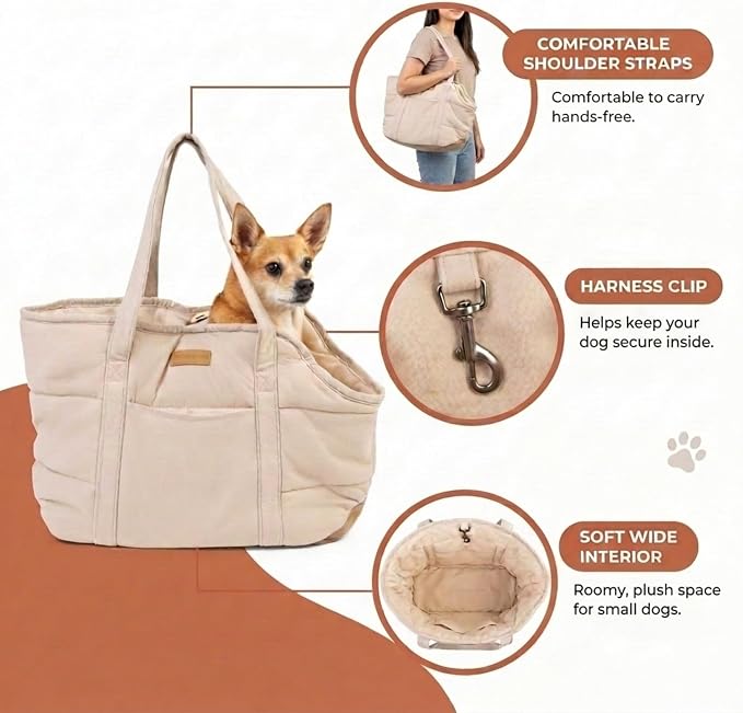 Plush Dog Purse Carrier for Small Dogs, Soft Tote Bag with Safety Harness Clip, Cozy Pet Carrier for Dogs Under 15 lbs, Comfortable Dog Shoulder Carrier for Travel, White 2.0