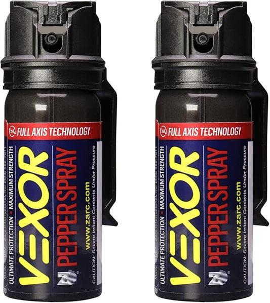 Spray au poivre Vexor Full Axis avec clip de ceinture pour l'autodéfense — Puissance policière maximale, portée de 6 mètres, capacité Full Axis, sécurité à capuchon rabattable pour une visée rapide et précise, protection