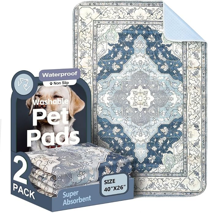 Washable Pee Pads for Dogs, 2 Pack Reusable Puppy Training Pads 40"x26" Super Absorbent Waterproof Dog Training Pads, Non-Slip Potty Pads, Whelping Pads Litter Mat Navy & Ecru