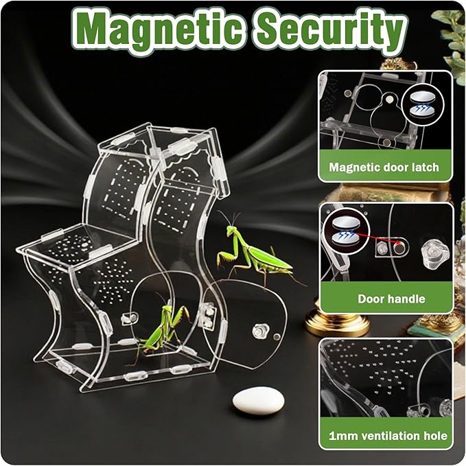 Magnetic Acrylic Enclosure for Jumping Spiders & Small Reptiles – 5.9"x4.7"x9.4" Escape-Proof Habitat with Easy-Feed Magnetic Door, 3mm Thick Clear Terrarium for Tarantulas, Mantis, Geckos & Beetles