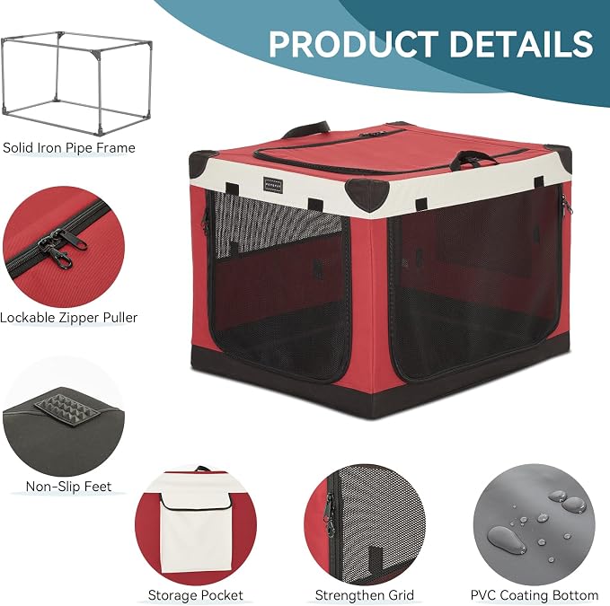 PETSFIT 26" Soft Portable Dog Crate – Patented Spiral Sturdy Frame, Collapsible Travel Kennel for Small Dogs, 3 Mesh Door, Lockable Zippers, Indoor & Car Use Red