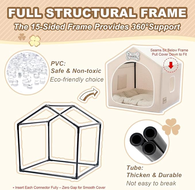 ndoor Dog House with Frame, Cute Dog Tent Bed with Cover Cave | Breathable, Washable, and Foldable House, Suitable for 36-66 Lb, Large (29"×29"×29"), Beige