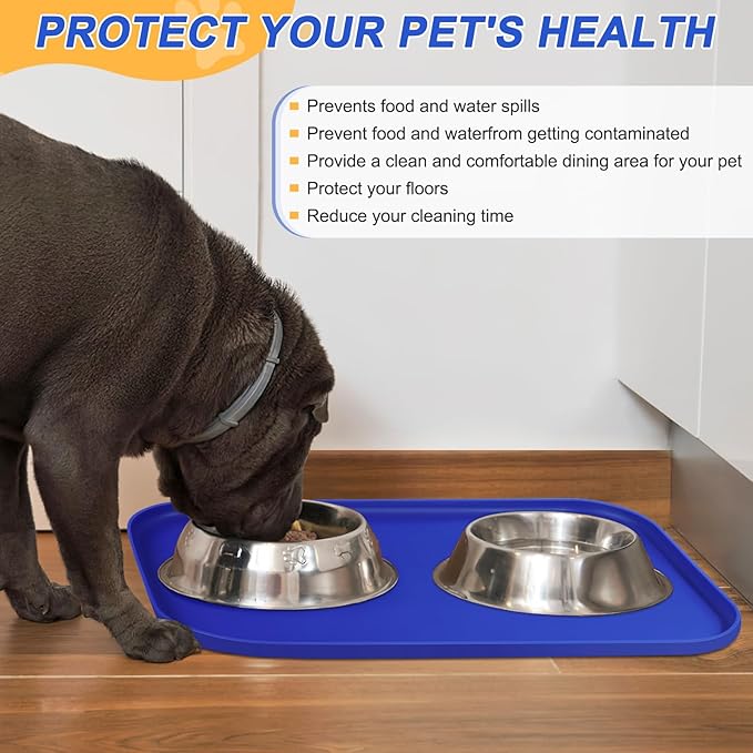 SMILOOL Waterproof Silicone Pet Food Mat with Raised Edge for Dog & Cat | 19" x 12" Non-Slip Pet Feeding Mats with Lip for Food & Water Bowl, Food Grade, Easy Cleaning, Navy Blue