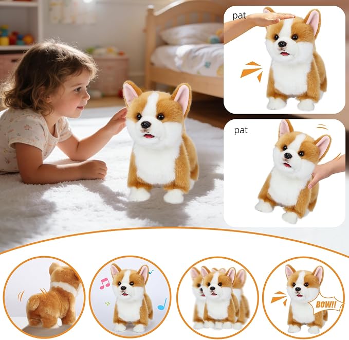 CU-MATE Plush Interactive Simulation Dog-Realistic Puppy Electronic Toy Dog Cat with Walking/Barking/Wagging Tail/Talking-Like Real Robotic Present (Electric Corgis)