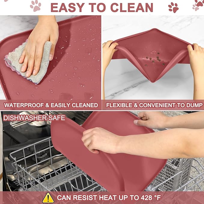 SMILOOL Waterproof Silicone Pet Food Mat with Raised Edge for Dog & Cat | 22" x 14" Non-Slip Pet Feeding Mats with Lip for Food & Water Bowl, Food Grade, Easy Cleaning, Erythrinus
