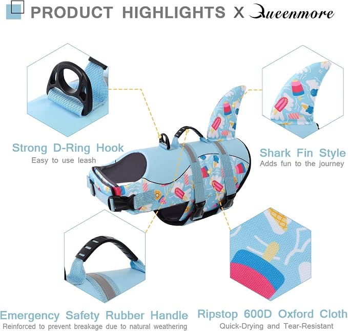 Shark Dog Life Vest for Swimming, Boating, Kayaking, Surfing, Canoeing - High Buoyant Dog Life Jacket, Ripstop High Flotation Swimsuit for Small, Medium, Large Dogs (Blue, Medium)