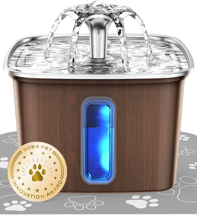 Veken Innovation Award Winner Stainless Steel Cat Water Fountain, 108oz | Automatic Pet Fountain Dog Water Dispenser with Replacement Filters & Silicone Mat for Cats, Dogs (Walnut Brown)