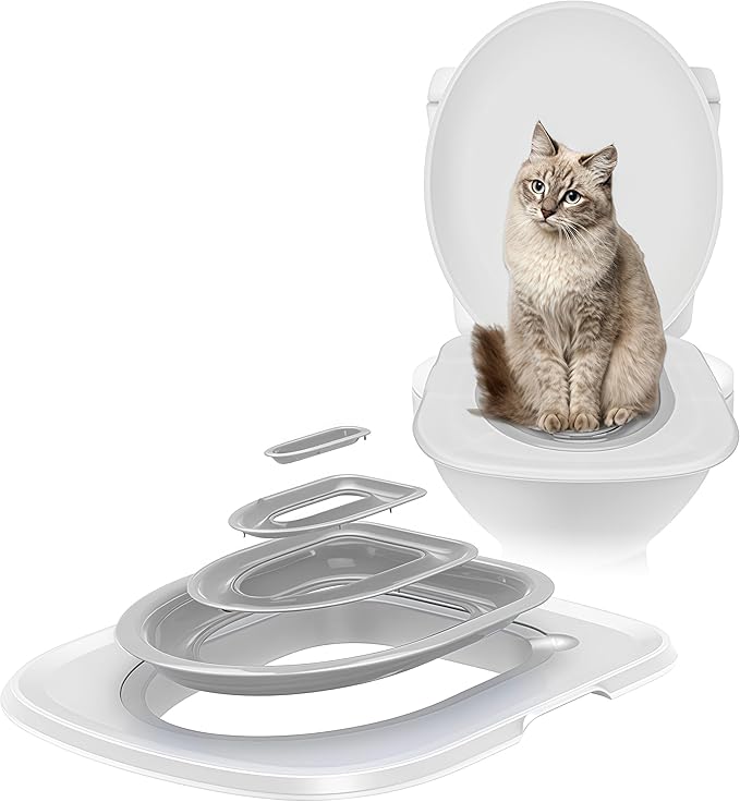 Cat Toilet Training Kit – Litter Box Alternative with Tray, Reusable Potty Seat Adapter for Cats & Kittens, Hygienic Flushable Urinal, Includes Step by Step Trainer Seat(Grey)