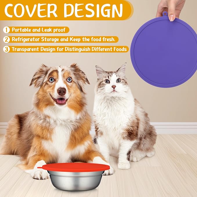 Patelai 4 Pcs Stainless Steel Dog Bowls 7.9" with Silicone Lids Portable Food and Water Dishes for Pets Sealable Containers for Small Medium Dog Cat Indoor (Red,Purple)