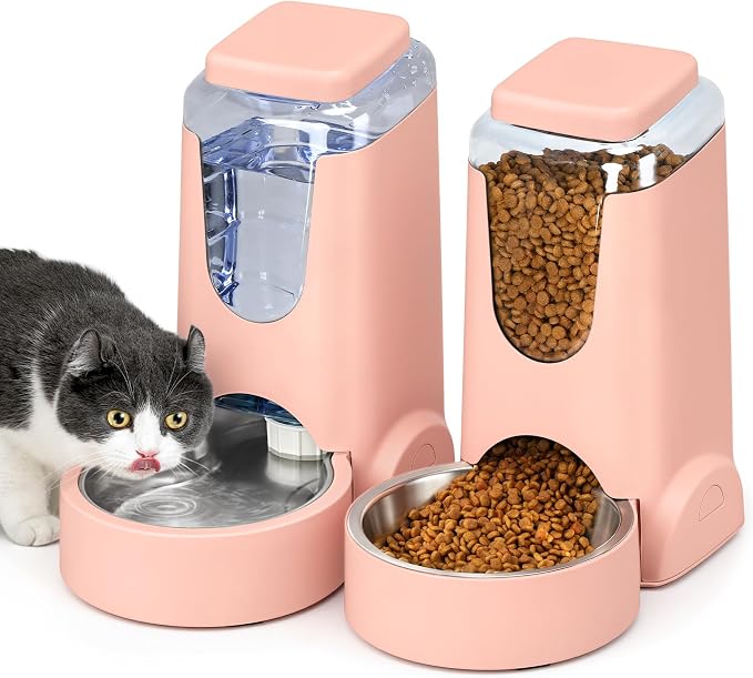 WyfKyd Auto Cat Feeder and Dog Water Dispenser with Stainless Steel Bowl | 2 Pack Auto Cat Feeder and Dog Waterer Gravity Stainless Steel Water Dispenser Set for Medium Puppy Kitten Pets 1Gal Pink