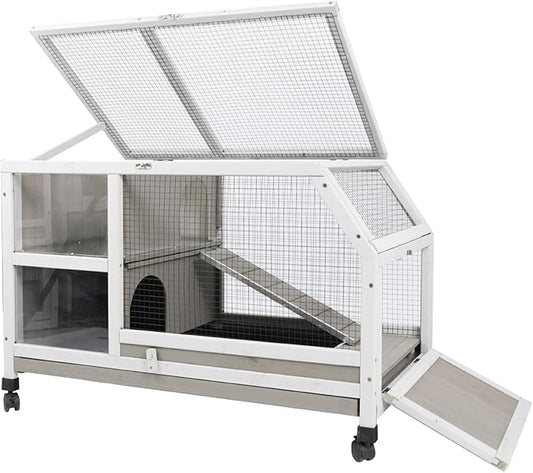 Gowoodhut Indoor Rabbit Hutch - 36''L Outdoor Wooden Bunny Hutch with Wheels Rabbit Cage Guinea Pig Cages Removable Pull Out Tray, Ramp, Hideout, Small Animals Pet House Hamster Ferret for Bunny Cage