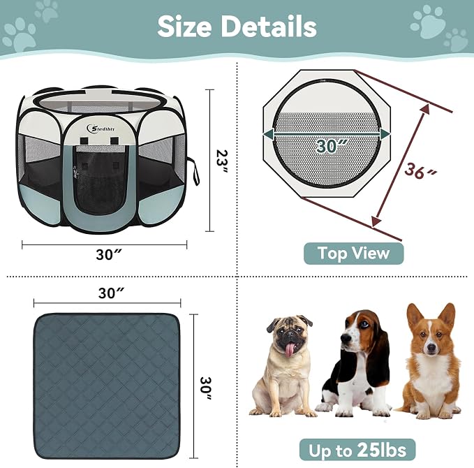 Siedihit Dog Pet Playpen Tent Crate Cage with Washable Pee Pad, Medium Grey | Nursing Rest Zone Recovering Pet Quarantine Room Portable Pop Up Easy to Set up lightweight Carrying Bag Wide applicability