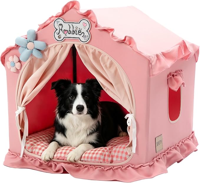 Indoor Dog House with Frame, Cute Dog Tent Bed with Cover Cave | Breathable, Washable, and Foldable House, Suitable for 36-66 Lb, Large (29"×29"×29"), Pink