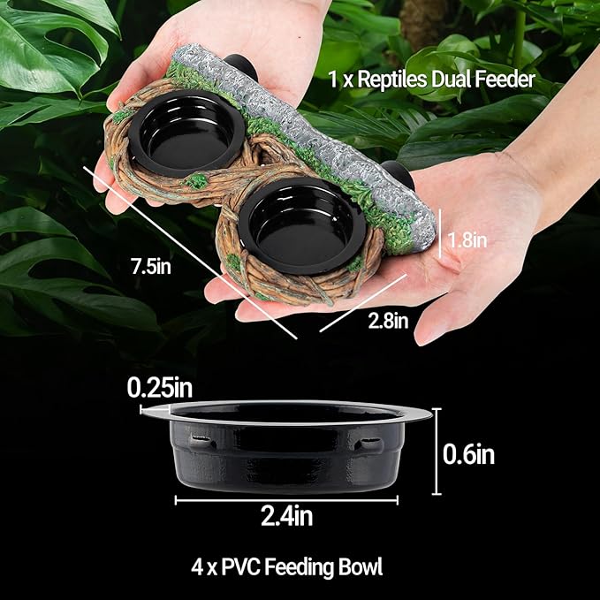 REPTI ZOO Magnetic Reptile Feeding Ledge, Gecko Feeder Ledge with 4PCS Cups, Hollow Vine Food Dish, Reptile Water Bowl for Bearded Dragon Lizard Snake Turtle, Terrarium Tank Accessories