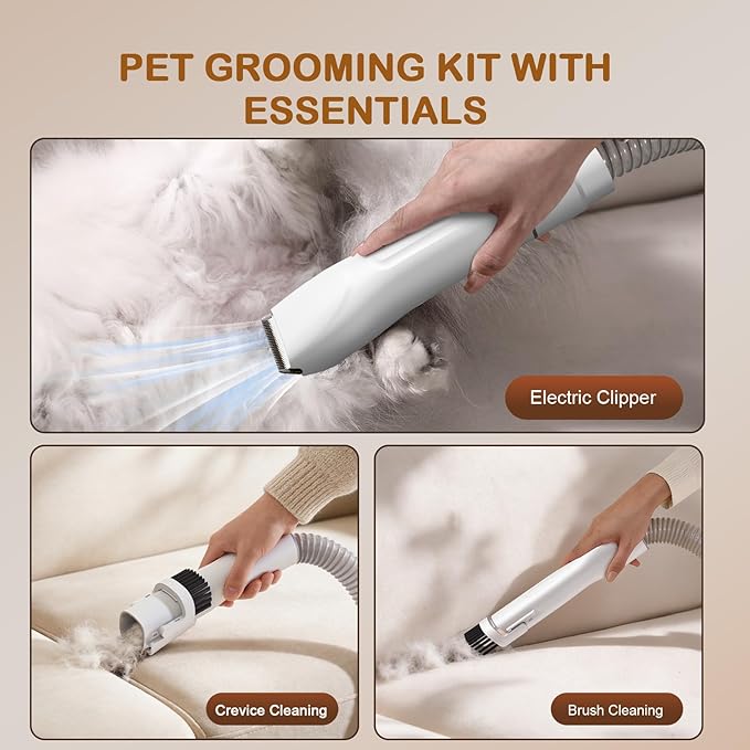 Dog Grooming Vacuum, Dog Grooming Kit, 3 Suction Modes Dog Brush Vacuum with 5 Pet Grooming Tools （Alabaster）