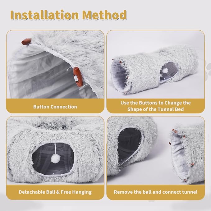 Cat Tunnels Bed with 1 Straight Tunnel and 20 Pet Toys - 5 Shapes DIY Indoor Cats Cave - Detachable Soft Cat Donut for Kitten Puppy Rabbit Ferret
