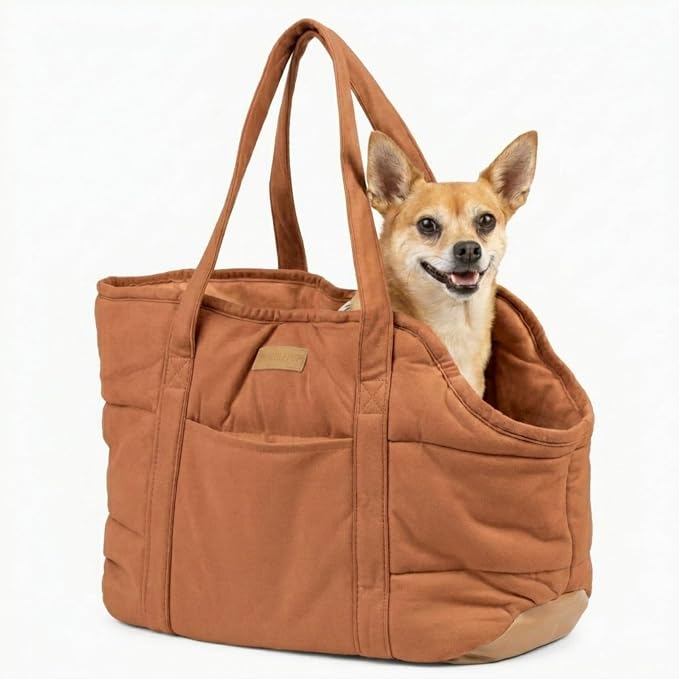 Plush Dog Purse Carrier for Small Dogs, Soft Dog Tote Bag with Safety Harness Clip, Cozy Pet Carrier for Dogs Under 15 lbs, Comfortable Dog Shoulder Carrier for Travel, Brown