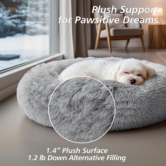 JOLLYVOGUE Calming Dog Beds Large Sized Dog, 36in Donut Washable Large Pet Bed, Anti-Slip & Anti-Anxiety Fluffy Faux Fur Round Dogs Bed, Fits up to 80 lbs Pets (Smoke Grey)