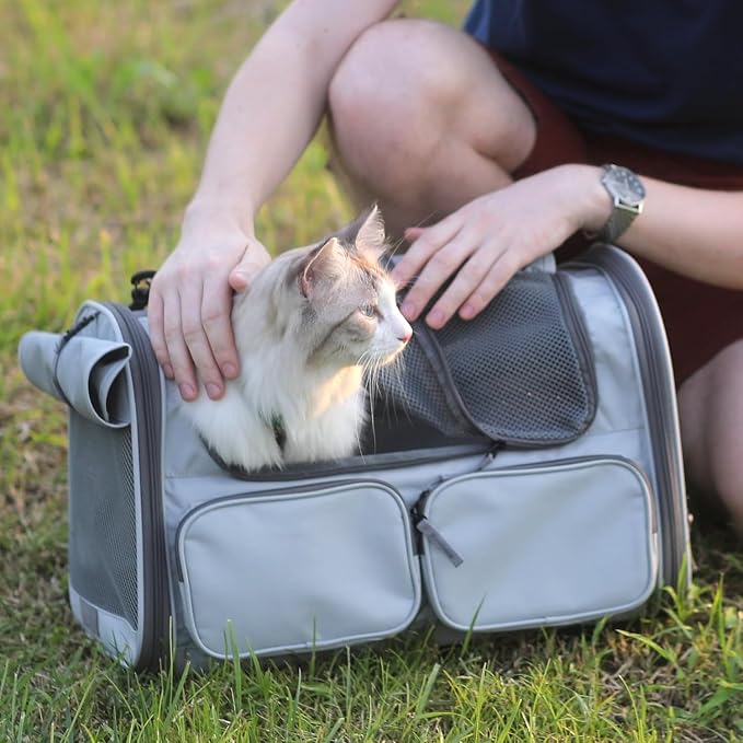 FUKUMARU Cat Carrier, Airline Approved Dog Carrier with Rollable Cover | Breathable Soft Cat Carrier, Multiple Doors & 4 Storage Pockets Cat Travel Bag, Durable Pet Carrier for Cat Under 15 lb, Grey