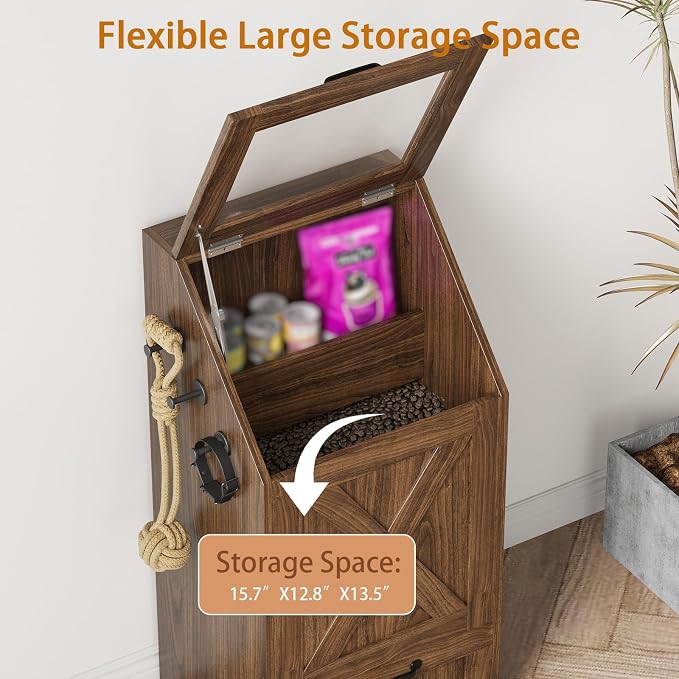 Dog Feeding Station with Storage Cabinet and 2 Elevated Dog Bowls, Hidden Pet Food Storage Organizer for Dog &Cat, Modern Dogs Furniture, Walnut