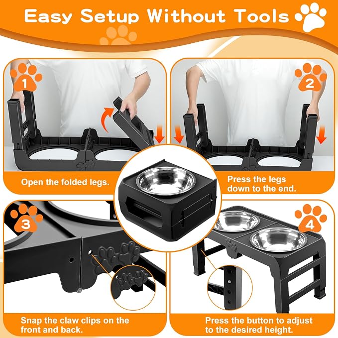 Elevated Dog Bowls for Large Dogs 5 Adjustable Heights 7.5"-15.4", 2 X-Large 10” Stainless Steel Bowls, Heavy Duty Raised Dog Bowl Stand Foldable Pet Feeder for Dogs Shoulder Height Over 15”, Black
