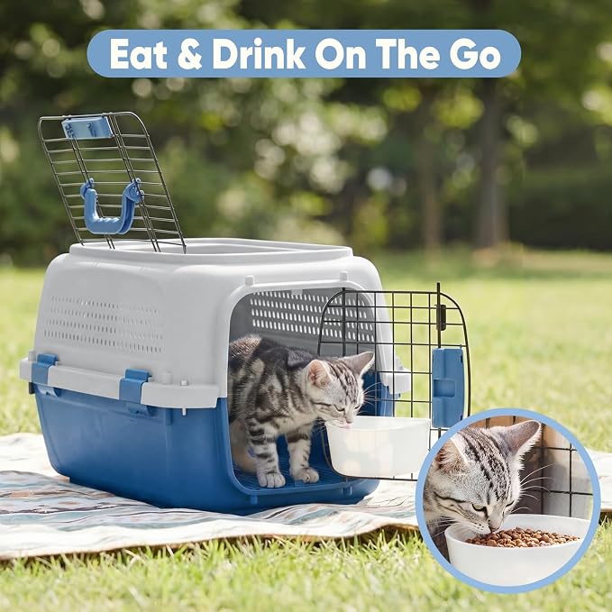 DUMOS 23" Hard-Sided Pet Carrier for Small Dogs & Cats, Airline Approved Travel Crate with Enhanced Security Latches, Front & Top Load Wire Door, Food Bowl for Traveling, Hiking, Camping, Blue