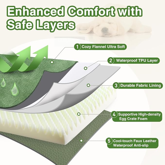 Waterproof Extra Large Dog Bed Washable Outdoor Orthopedic XL Crate Pad 42" | Reversible Wipeable Faux Leather & Soft Flannel, Durable Foam Pet Bed, Removable Cover,Anti-Slip Kennel Pad 41"x27" Green