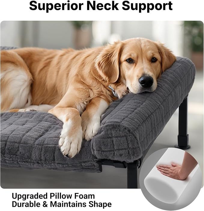 Veehoo Elevated Dog Bed with Fluffy Plush Bolster Cushion, Dog Couch Bed | Cooling Raised Dog Bed for Large Dogs, Washable Orthopedic Pet Cot with Removable Mat, Breathable Mesh, Non-Slip, 45", Grey