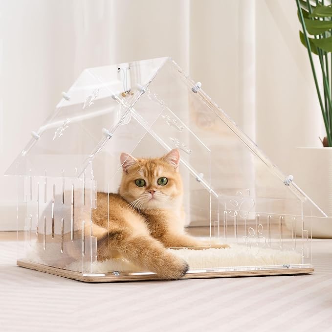 Acrylic Cat House for Indoor Cats, Transparent Cat Bed Cave with Plush Cushion & Hanging Toys, Modern Ventilated Cat Condo with Sturdy Wooden Base for Adult Cats & Kittens up to 12 lbs, White