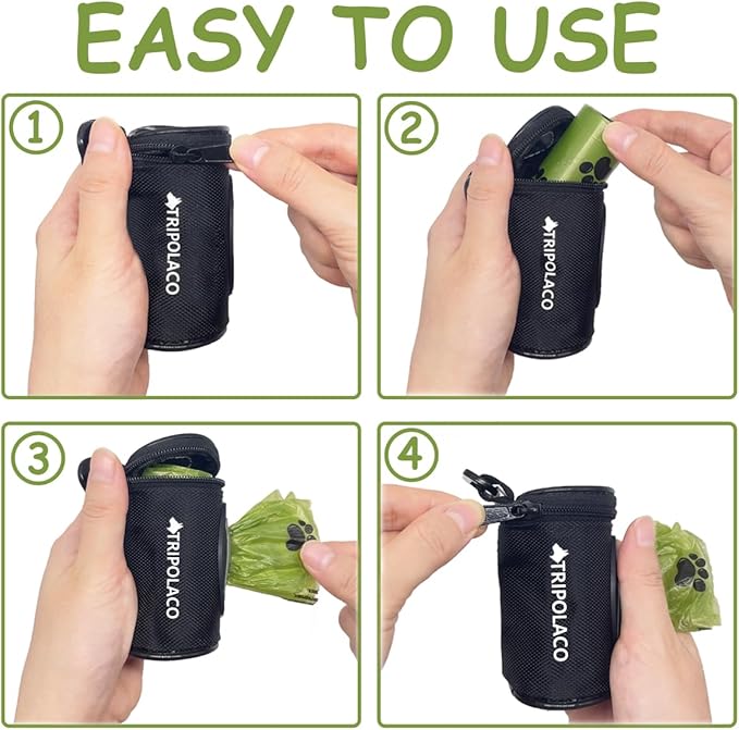 Dog Poop Bag Holder for Leash, Easy Release Doggie Poop Bag Dispenser, Fits Most Standard Poo Bags, Soft Fabric Dog Waste Bag Holder with Carabiner Clip, Compatible with All Leashes, Black