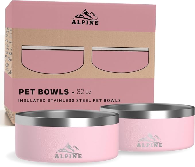 Alpine Set of 2 Stainless Steel Dog Bowls, Non Slip, Metal Pet Bowl for Food and Water, Double Walled Insulated, Rustproof, Dishwasher Safe- 32 Ounces- Pink (AB)