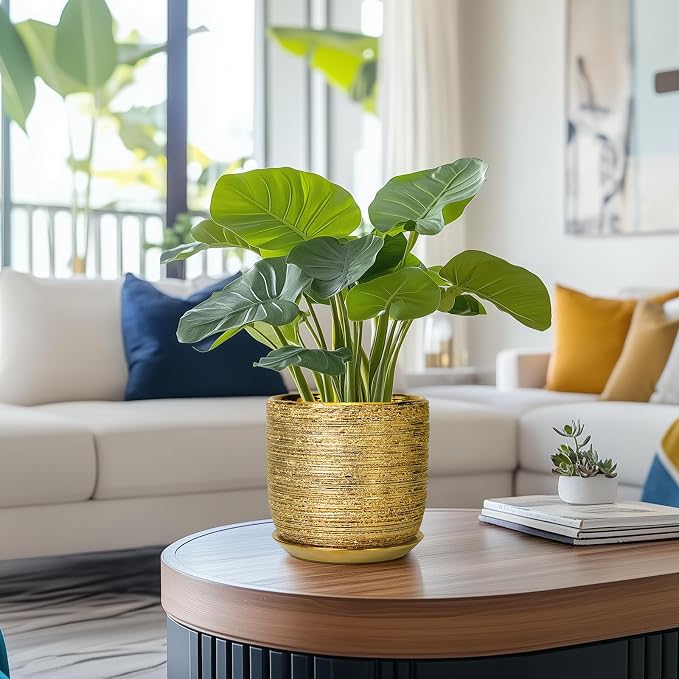 Ceramic Plant Pot 7 Inch - Ceramic Planter for Indoor Outdoor Plants, Round Modern Flower Pot with Drainage Hole and Saucer, Housewarming Gifts, House Patio Office Home Decor, Gold