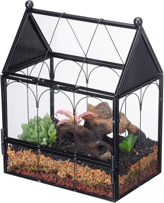NCYP Small Glass Terrarium Enclosure with Mesh for Jumping Spiders, Micro House Shaped Small Spiders Vented Glass Terrarium, Home Decor Black, 5.8" x 3.8" x 7" (No Plants)