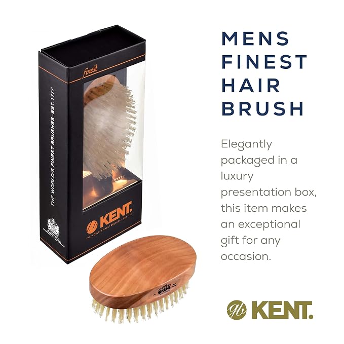 Kent MC4 Men's Hair and Beard Brush Kit: Exfoliating Natural Boar Bristle Hair Brush, Cherrywood Base with Firm Bristles for Coarse Hair Types - LPC3 Brush Cleaner - Premium Grooming Set