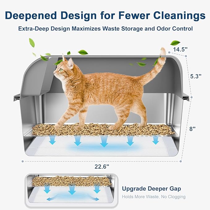 8" Deep Stainless Steel Sifting Litter Box for Pine Pellets, XL Stainless Steel Litter Box with Lid, Removable & Anti-Leakage, High Sides Metal Cat Litter Boxes for Big Cat, Non-Sticky, Easy Cleaning