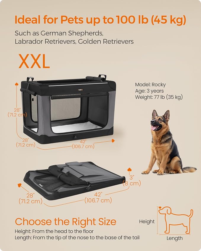 Feandrea Collapsible Dog Crate, Portable Travel Crate, 42-Inch | Oxford Fabric Pet Carrier with 4 Mesh Doors, Handles, Storage Pocket, Water Bottle Holder, UPDC021B01