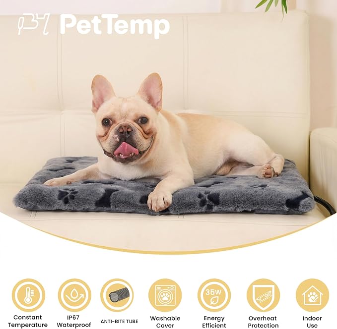Pet Heating Pad for Cats Dogs Indoor & Sheltered Outdoor Waterproof Heated Cat Bed Heated Dog Bed Chew Resistant Cord Constant Temperature Gray Paw Print 20 x 16 Inch