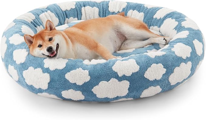 JOEJOY Jacquard Donut Round Dog Beds Medium Sized Dog,Blue 30x30x8in, Removable Washable Cover, Cute Pattern, Ultra Soft Fluffy Calming Pet Bed with Thick Supportive Bolster