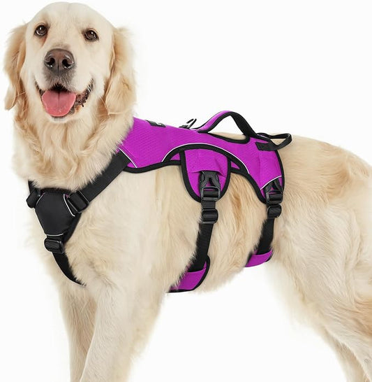 rabbitgoo Escape Proof Dog Harness for Large, No Pull with Lift Handle | No Escape, Full Soft Padded, Reflective Adjustable Vest, Leash Clip for Walking Hiking Training, Purple, Large