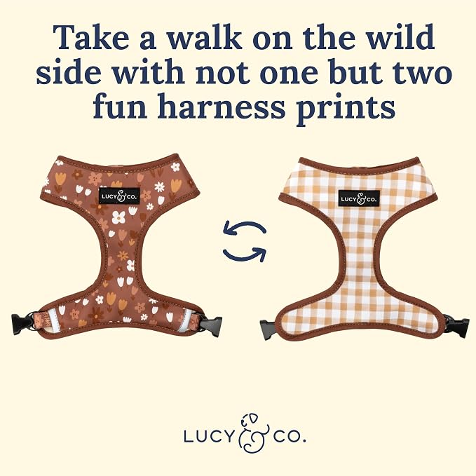 Lucy & Co. Reversible Dog Harness - Water-Repellent Neoprene, Dual-Print Design, Easy Swap Style, Adjustable Comfort Fit - Chocolate Meadows Reversible Harness - Large