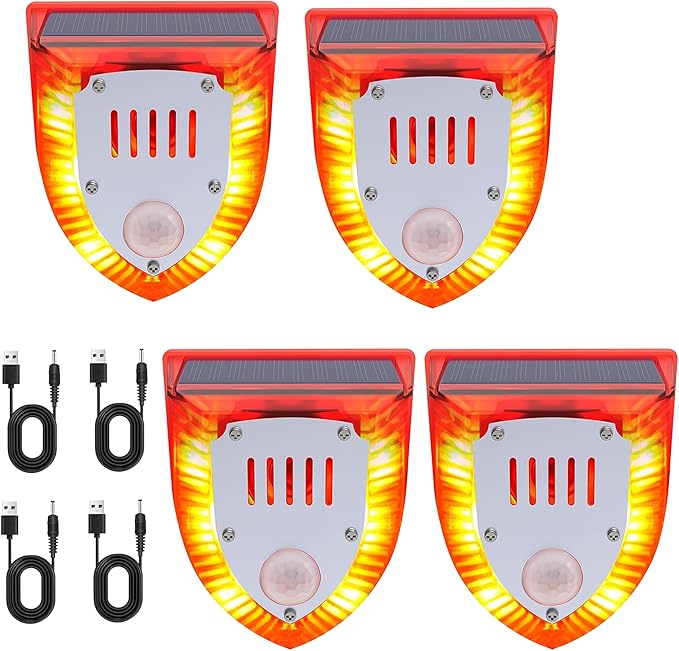 Solar Outdoor Motion Sensor Alarm - Dog Barking&Gunshot Sound 129db, Light Strobe Light Warning Lamp with USB, Motion Detector Noise Maker Warning Lamp for Home, Villa, Farm, Barn, Yard(4 Pack)