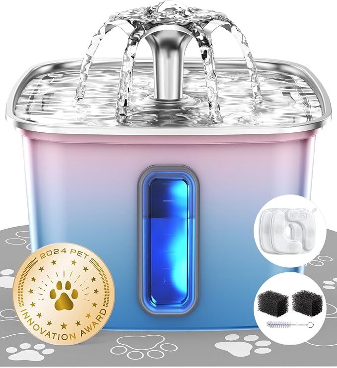 Veken Innovation Award Winner Stainless Steel Cat Water Fountain, 108oz | Automatic Pet Fountain Dog Water Dispenser with Replacement Filters & Silicone Mat for Cats, Dogs (Water Blue)