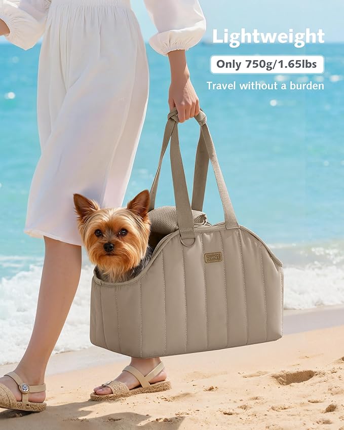 Pecute Dog Purse Carrier, Lightweight Dog Carriers for Small Dogs,Khaki | Breathable mesh,Foldable,Paper-textured fabric is water-repellent,Built-in safety rope,Machine washable,Under 6.6lbs