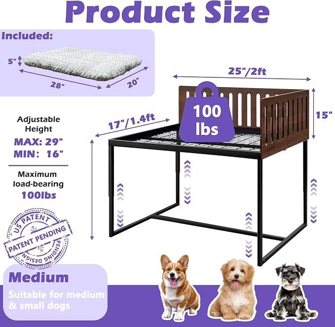 Beside Dog Bed,2 Panels Adjustable Height Dog Bunk Beds,25.6‘’x18.1‘’Metal Dogs Bed Frame with Removable Cushion,Medium (Medium)